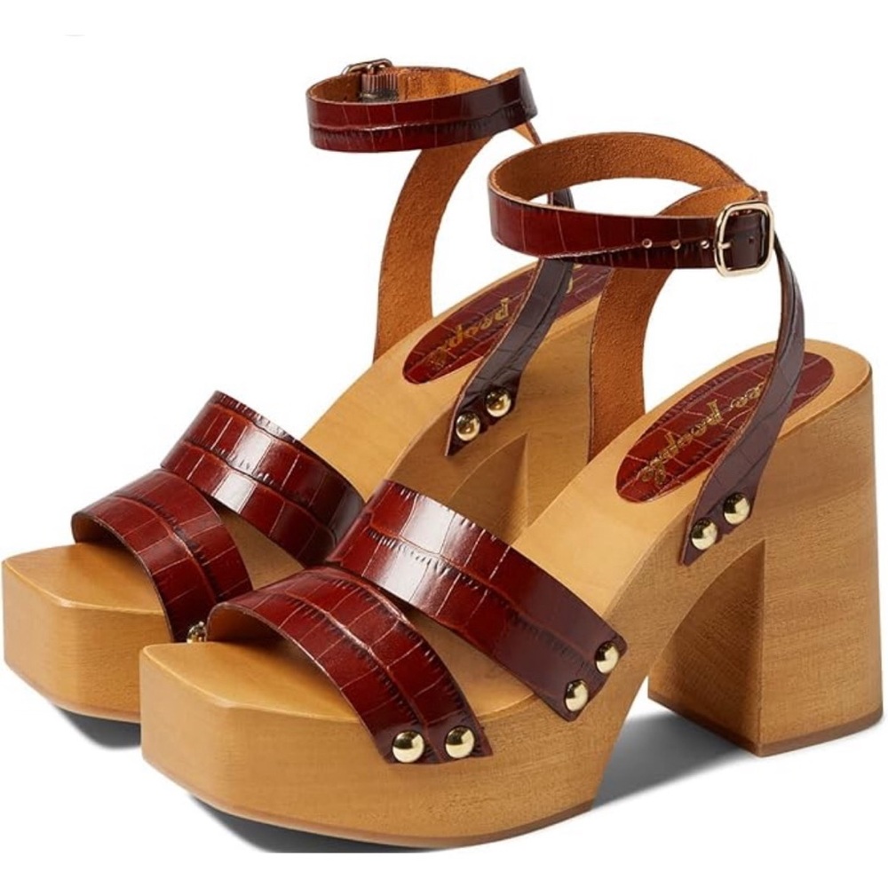 Free People Brown Croc-Embossed Leather Mules